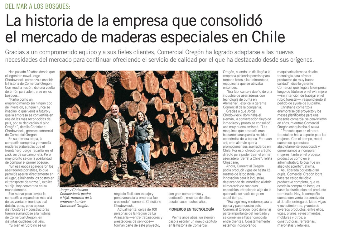 Página de El Mercurio con el artículo sobre la historia de Comercial Oregón y la foto de Jorge y Christiane Chodowiecki