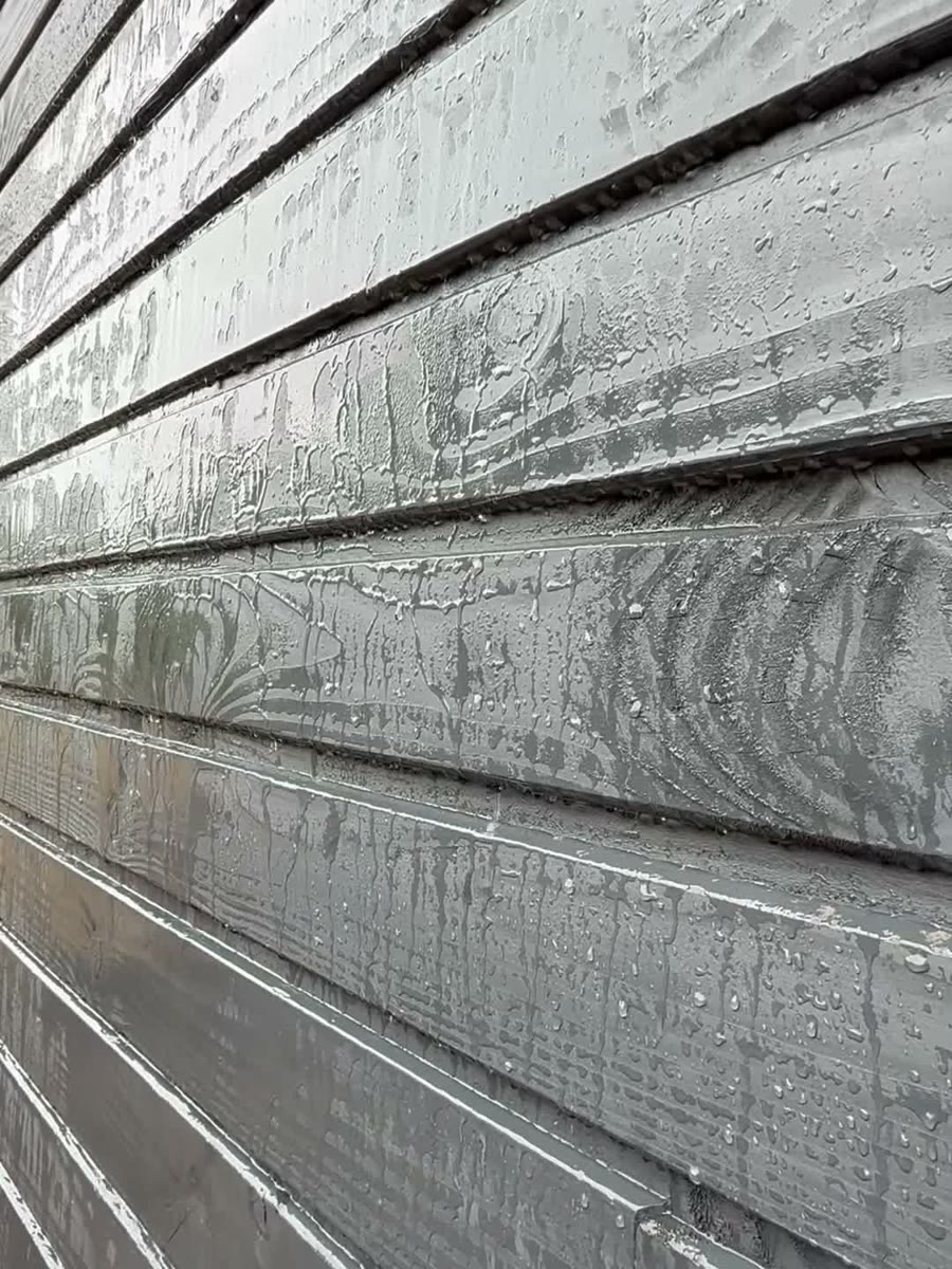 Fachada de Pino Oregón teñida en negro mojada por la lluvia